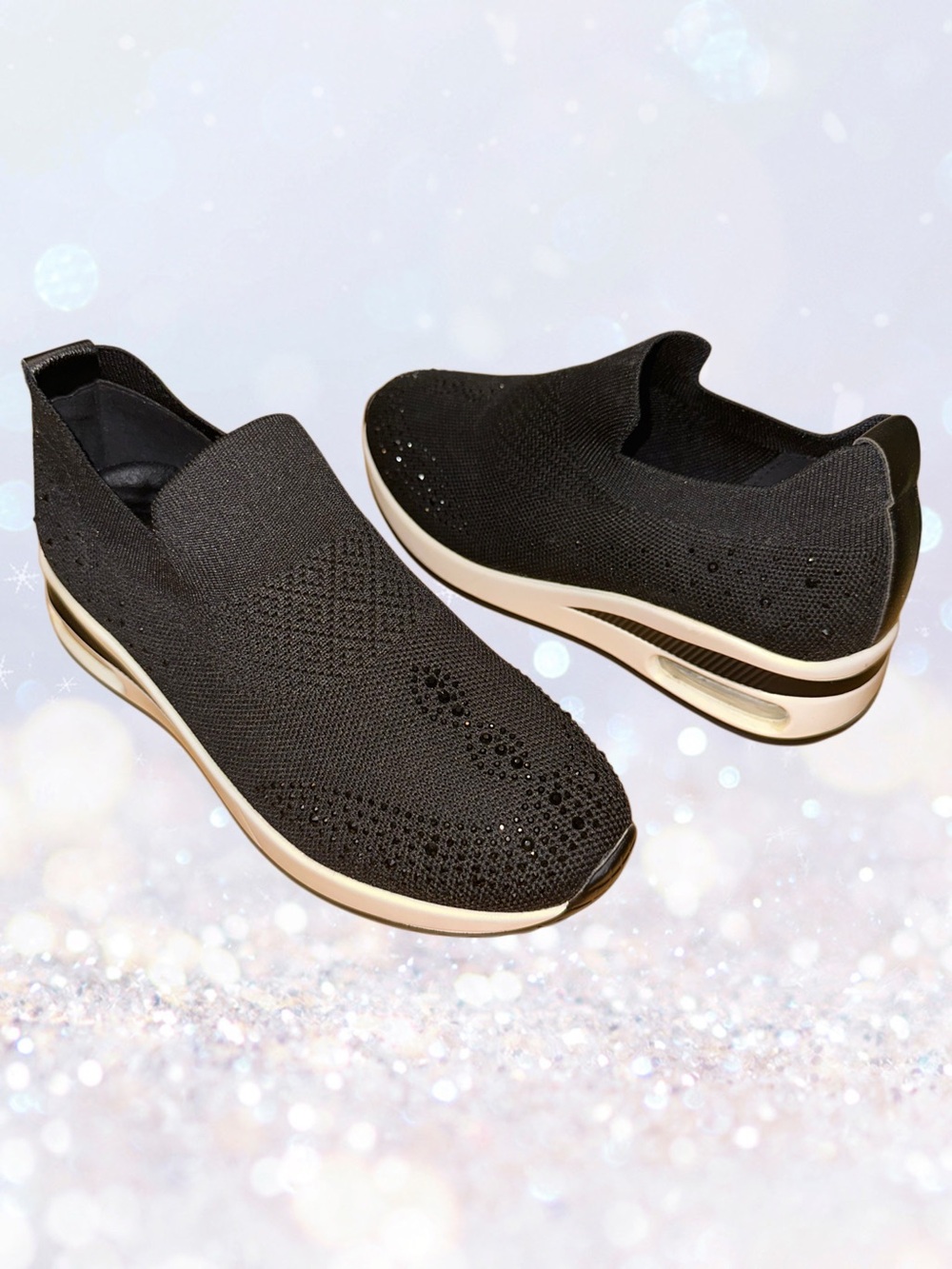 Black Slip-On Knit Platform Sneakers with accent